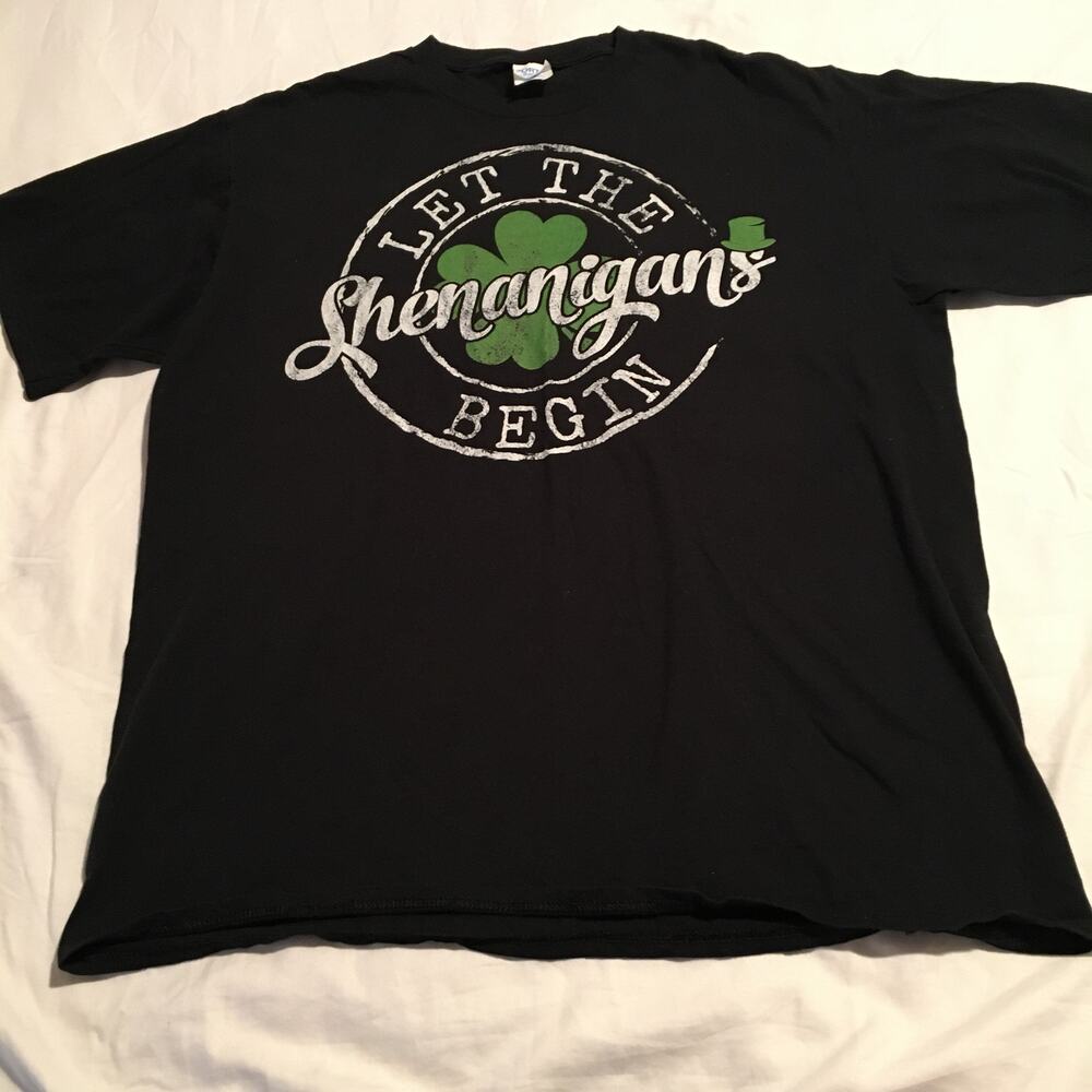 -LET THE SHENANIGANS BEGIN -XL St Patrick's Day T-SHIRT Shamrock Black